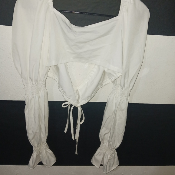 Women sexy white tie puffer elastic long sleeve top - Picture 11 of 16